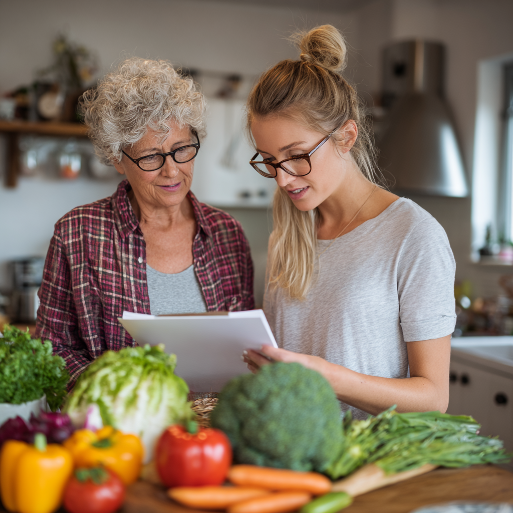 mature adult woman reviewing healthy meal plans with nutritionist