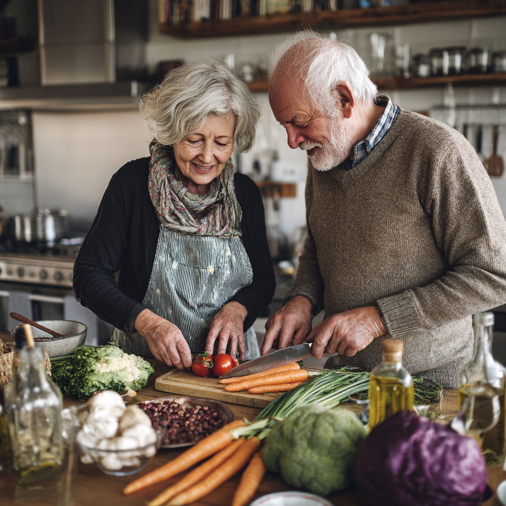 senior couple preparing nutritious meal together in modern kitchen